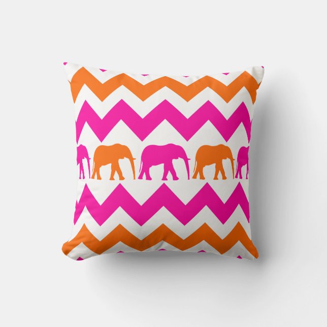 Bold Hot Pink Orange Elephants Chevron Stripes Cushion (Front)