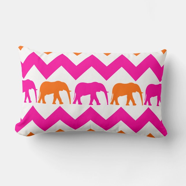 Bold Hot Pink Orange Elephants Chevron Stripes Lumbar Cushion (Front)