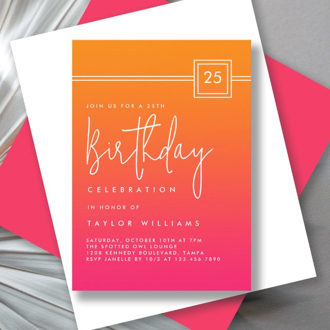 Bold Hot Pink Orange Simple Minimal 25th Birthday Invitation (Available in both printed and instant download digital formats.)
