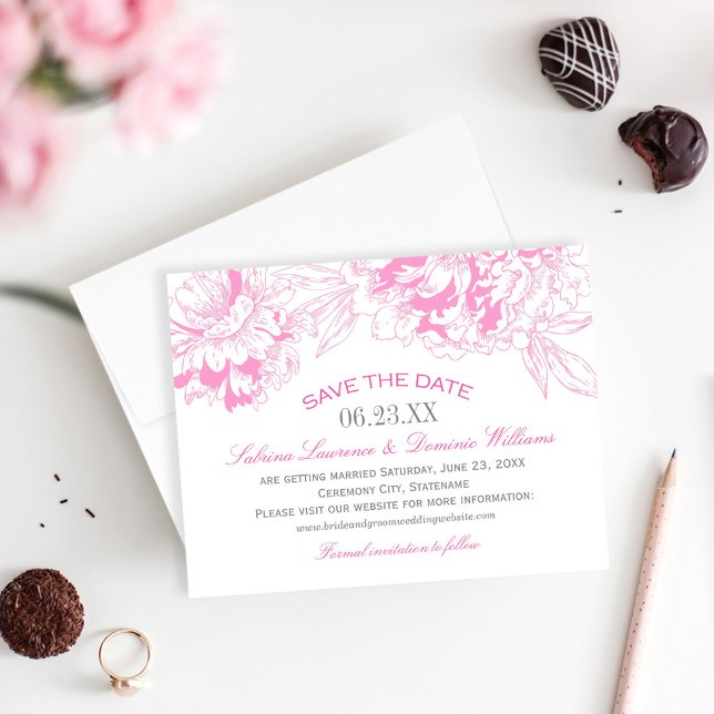 Bold Hot Pink Peony Sketch Wedding Save The Date (Creator Uploaded)
