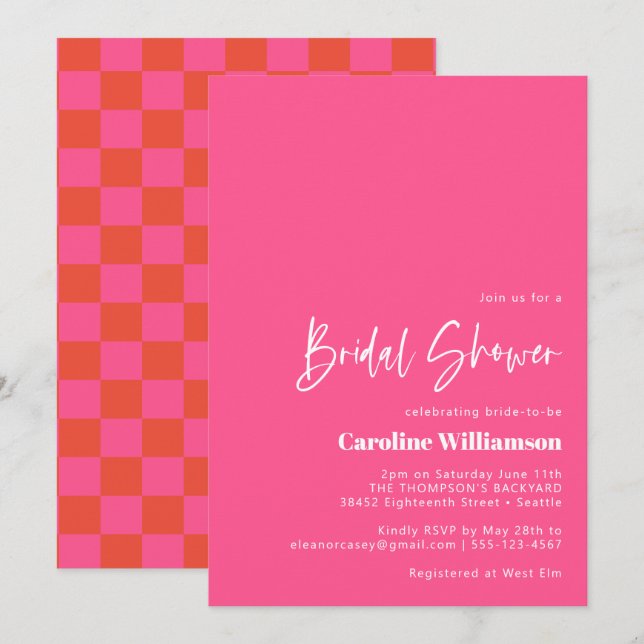 Bold Hot Pink Red Retro Chequerboard Bridal Shower Invitation (Front/Back)