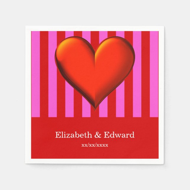 Bold Hot Pink, Red Stripes, Red Metallic Heart Napkin (Front)