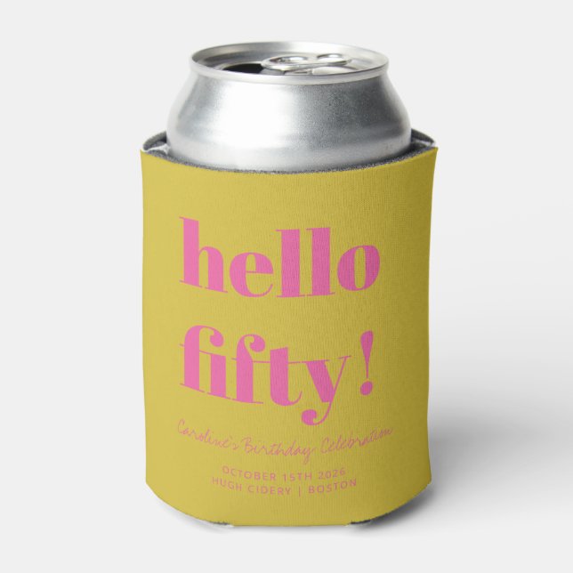 Bold Hot Pink Yellow Modern 50th Birthday Custom Can Cooler (Can Front)