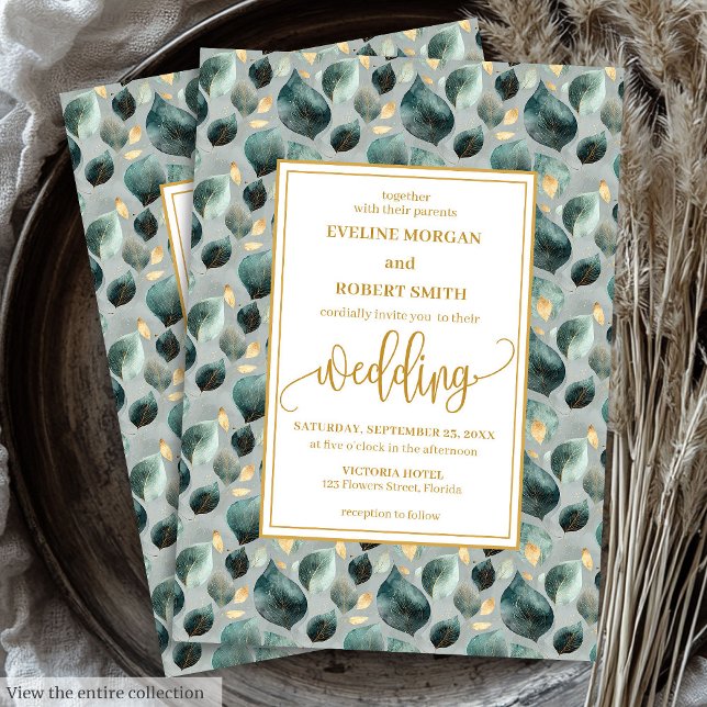 Bold Hunter Green Gold Greenery Wedding Invitation (Bold Hunter Green Gold Greenery Wedding Invitation)