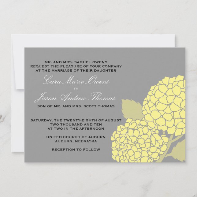 Bold Hydrangea Wedding Invitation- Grey/Yellow Invitation (Front)