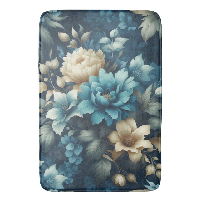 Bold in Blue & Delicate Cream Florals  Bath Mat (Front Vertical)