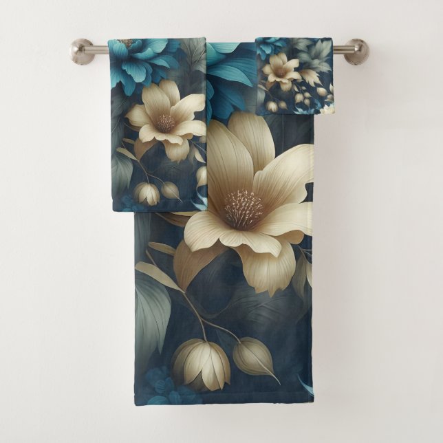 Bold in Blue & Delicate Cream Florals  Bath Towel Set (Insitu)