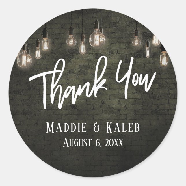 Bold Industrial Bricks w/ Edison Lights Thank You Classic Round Sticker (Front)