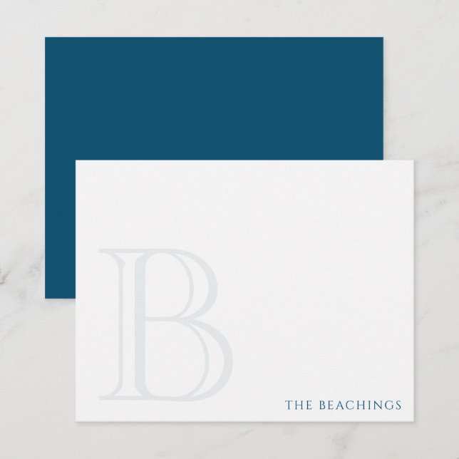 Bold Initial Navy Blue Classic Family Stationery Card (Front/Back)