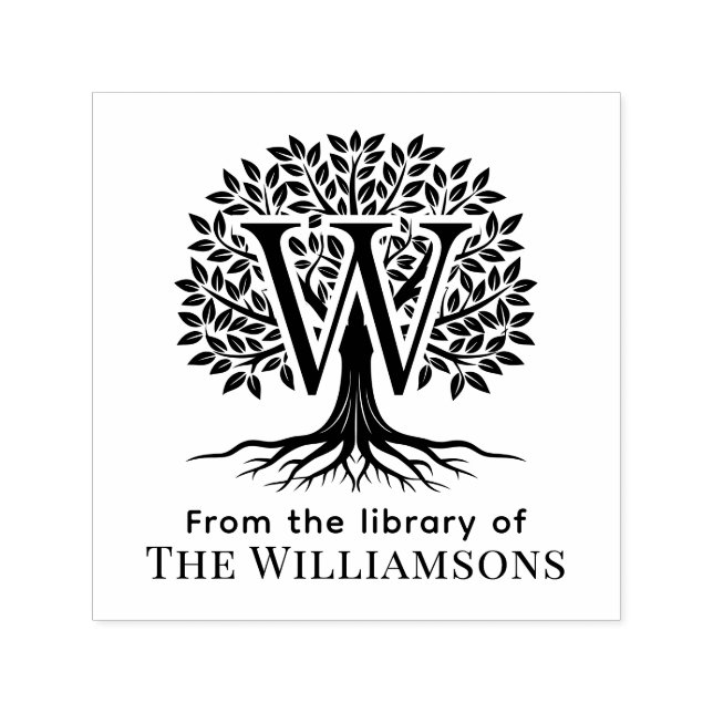 Bold Initial Over Tree of Life Library Name #2B2 Self-inking Stamp (Design)