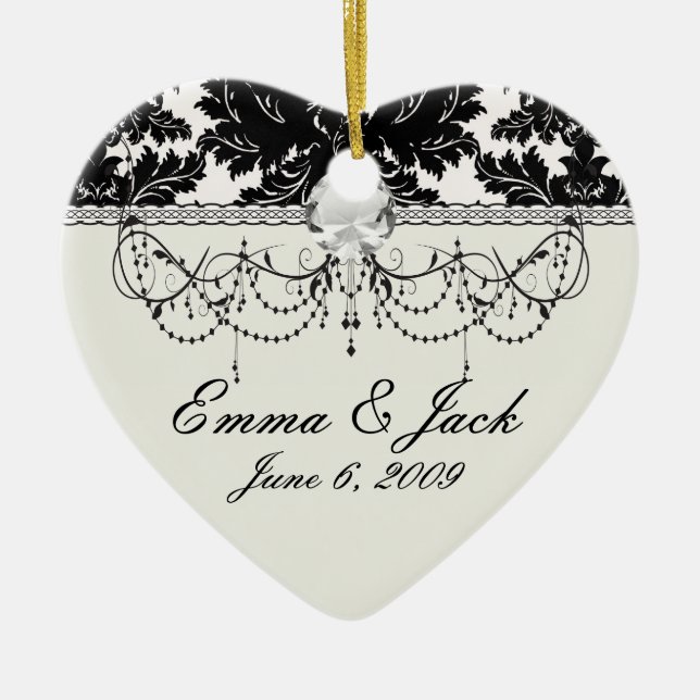 bold intricate black damask on white ceramic tree decoration (Front)