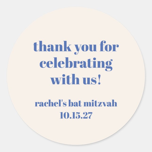 Bold Ivory Blue Custom Cute Bat Mitzvah Thank You Classic Round Sticker (Front)