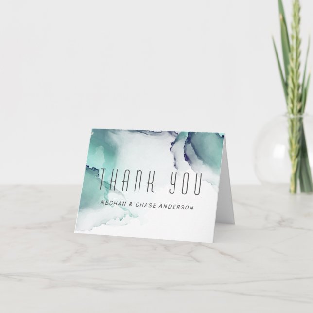 Bold Jade and Navy Blue Modern Fluid Ink Thank You Card (Front)