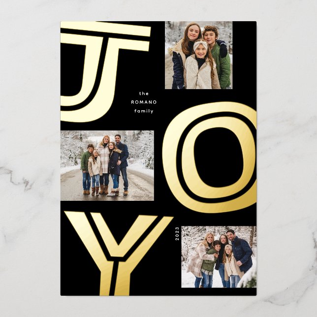 Bold joy modern unique three photo gold Christmas Foil Holiday Card (Front)