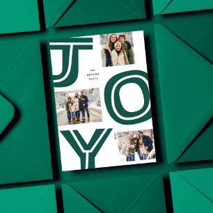 Bold joy simple modern green three photo Christmas Holiday Card