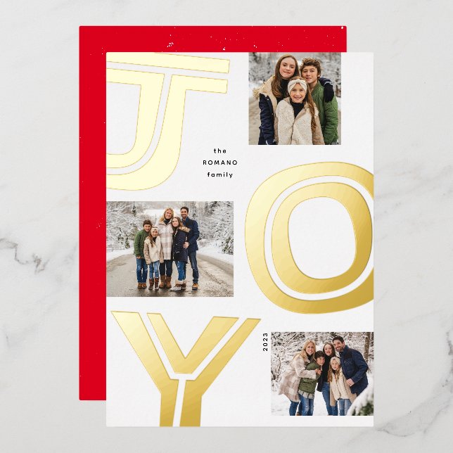 Bold joy simple modern three photo gold Christmas Foil Holiday Card (Front/Back)