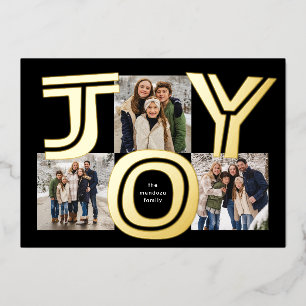 Bold joy three photo modern black Christmas Foil Holiday Card
