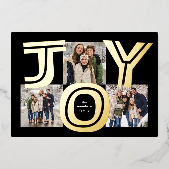 Bold joy three photo modern black Christmas Foil Holiday Card (Front)