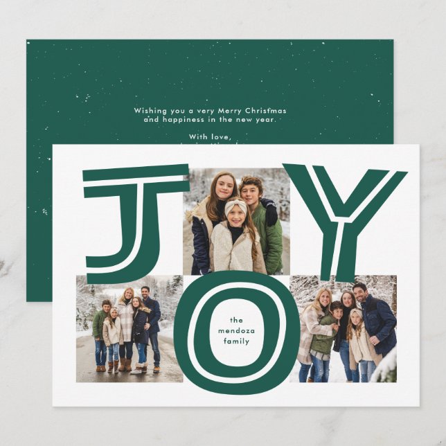 Bold joy three photo modern red Christmas Holiday Card (Front/Back)