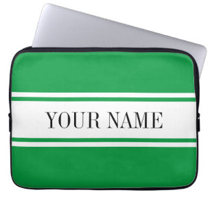 Bold Kelly Green White Racing Stripe Optional Text Laptop Sleeve