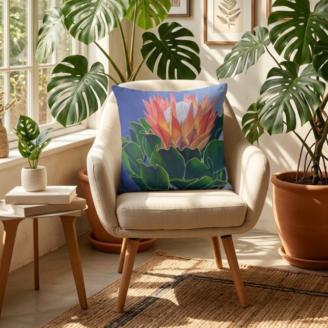 Bold King Protea | Hand-Painted Floral Art Cushion (On Chair)