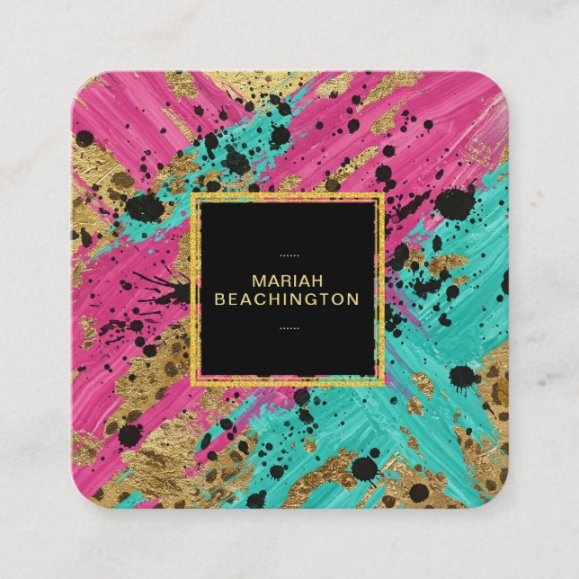 ** Bold Leopard Abstract Animal Neon Gold AP93  Square Business Card (Front)