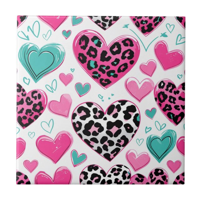 Bold Leopard Heart Love – Pink, Black & Teal (1) Tile (Front)