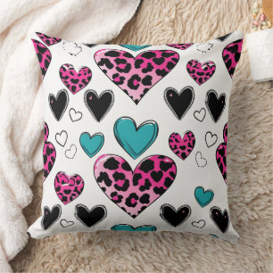 Bold Leopard Heart Love – Pink, Black & Teal (2) Cushion