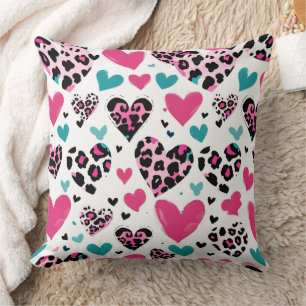 Bold Leopard Heart Love – Pink, Black & Teal (3) Cushion
