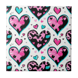 Bold Leopard Heart Love – Pink, Black & Teal (4) Tile
