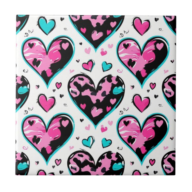 Bold Leopard Heart Love – Pink, Black & Teal (4) Tile (Front)