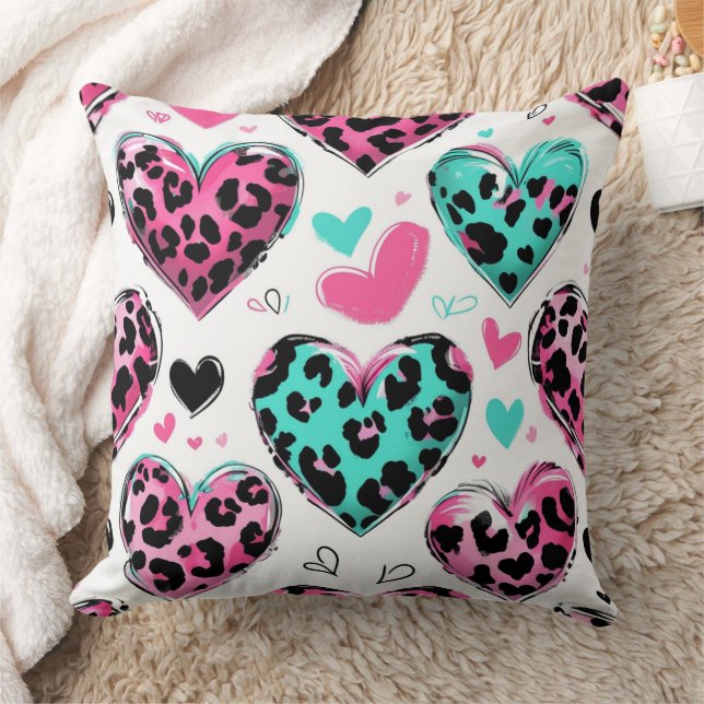 Bold Leopard Heart Love – Pink, Black & Teal (5) Cushion (Blanket)
