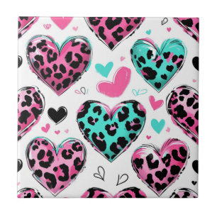 Bold Leopard Heart Love – Pink, Black & Teal (5) Tile