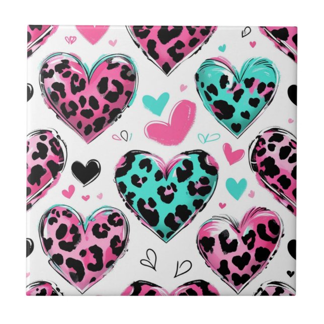 Bold Leopard Heart Love – Pink, Black & Teal (5) Tile (Front)