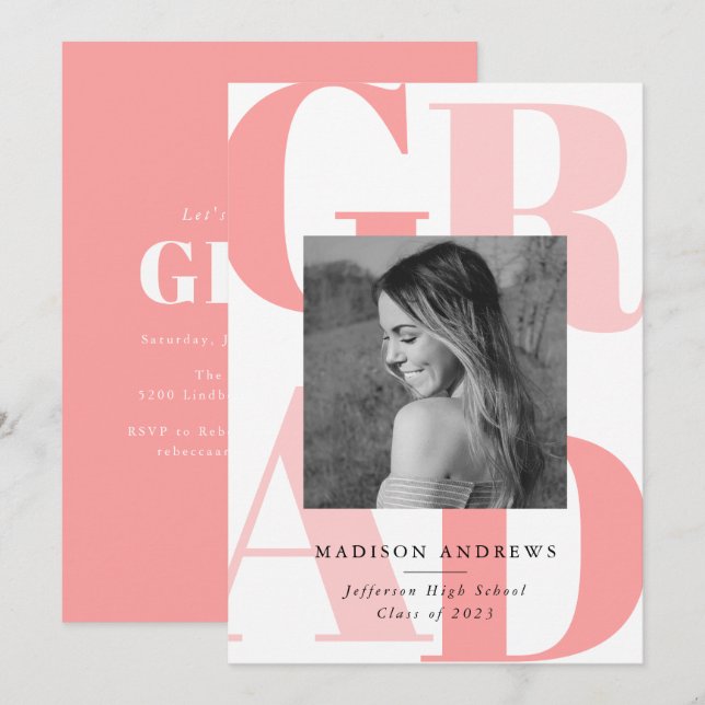 Bold Letters Coral | Photo Graduation Party Invitation (Front/Back)