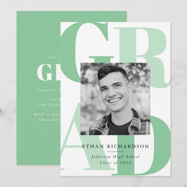Bold Letters Green | Photo Graduation Party Invitation (Front/Back)