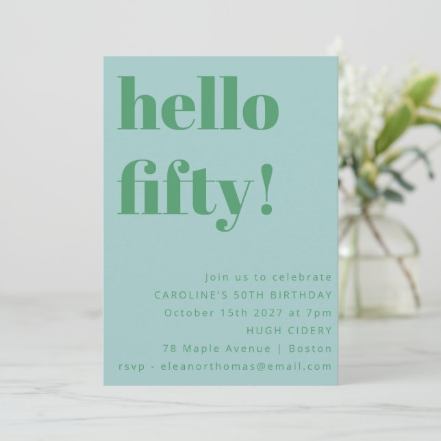 Bold Light Blue Cute Simple Modern 50th Birthday Invitation (Standing Front)