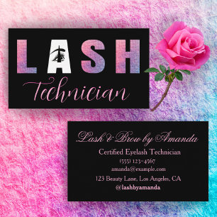 Bold Lilac Pink Lash Tech Design Black Background Business Card