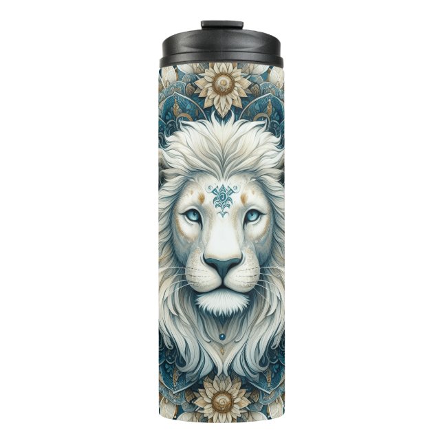 Bold Lion Face Mandala in Gold, White, and Blue Thermal Tumbler (Front)