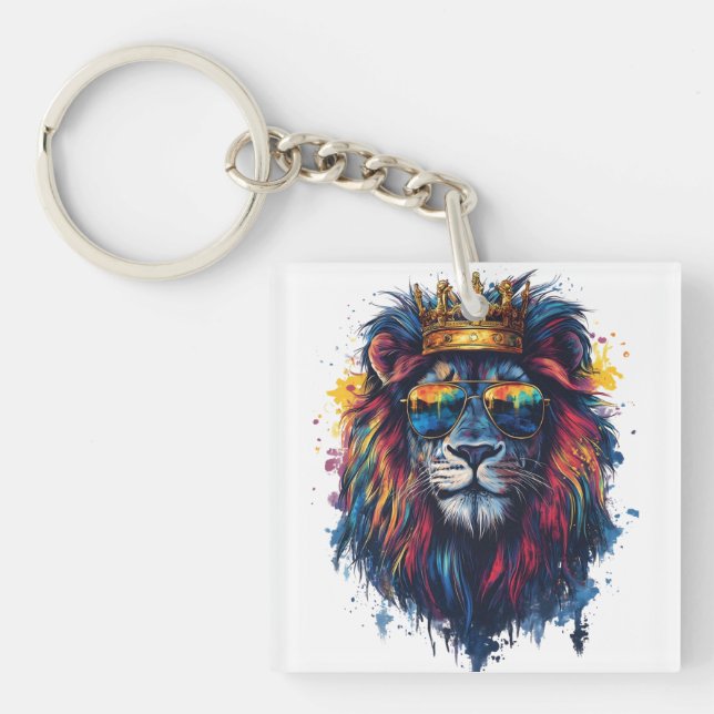 Bold Lion Head with Sunglasses and Crown Key Ring (Front)