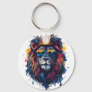 Bold Lion Head with Sunglasses and Crown Key Ring