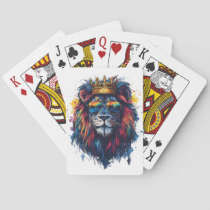 Bold Lion Head with Sunglasses and Crown Playing Cards
