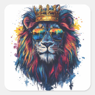 Bold Lion Head with Sunglasses and Crown Square Sticker