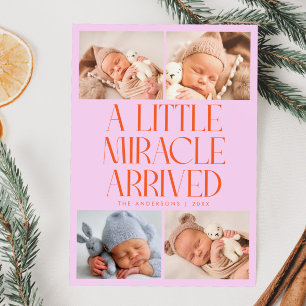 Bold Little Miracle Xmas Orange Pink Photo Birth  Announcement