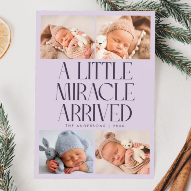 Bold Little Miracle Xmas Purple Photo Birth  Announcement (Creator Uploaded)