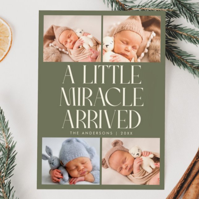 Bold Little Miracle Xmas Sage Green Photo Birth  Announcement (Creator Uploaded)