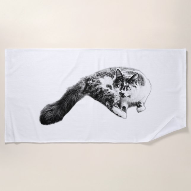 Bold Long‑Tail Cat Portrait Towel (Front)