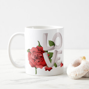 Bold Love Lettering with Romantic Red Rose Foliage Coffee Mug