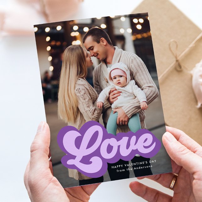 Bold Love Script Purple Photo Valentine's Day Holiday Card (Creator Uploaded)