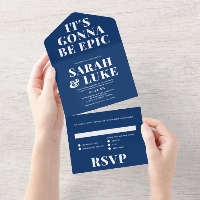 BOLD LOVE Wedding Navy Blue - It's Gonna Be Epic All In One Invitation (Tearaway)